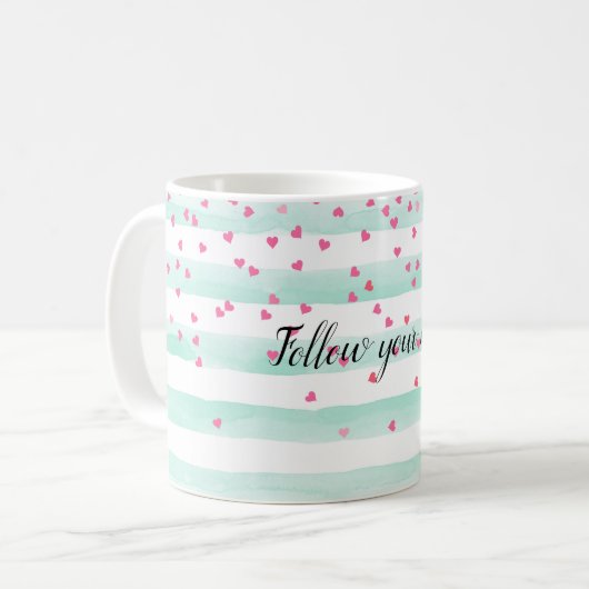 Girly Mint White Stripes Pink Confetti Hearts   Koffiemok (Voorkant links)