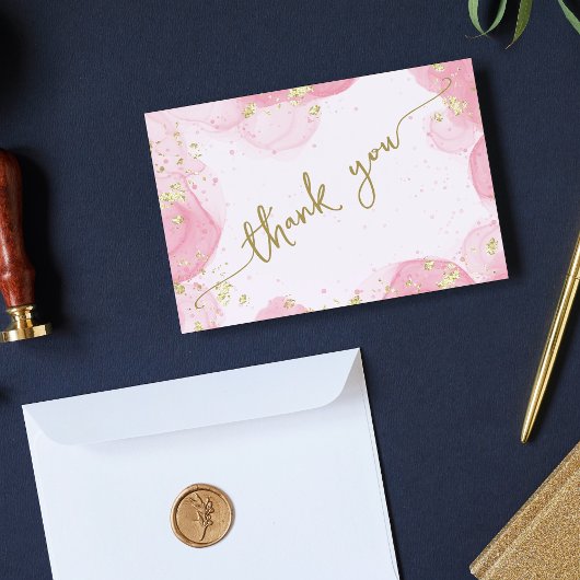 Girly Modern Abstract Roze Ink Faux Gold Glitter Bedankkaart
