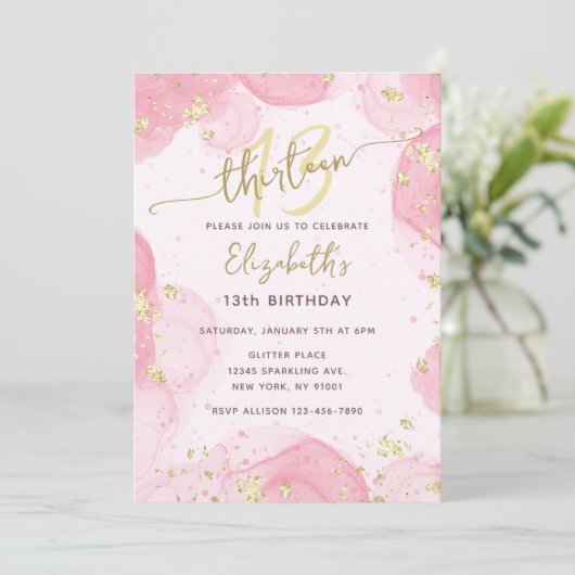 Girly Modern Abstract Roze Ink Faux Gold Glitter Kaart (Staand voorkant)