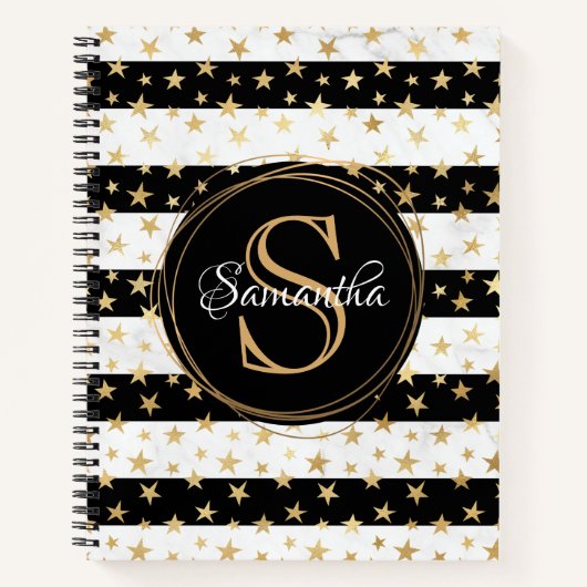 Girly Modern Black Stripe Gold Stars Monogram Notitieboek (Voorkant)