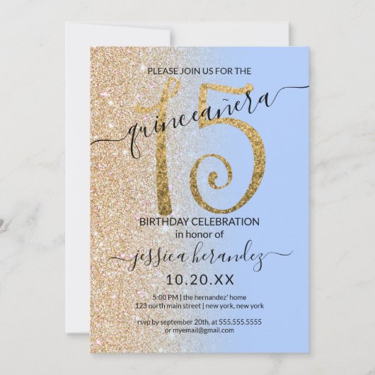 Girly Modern Blauw Goud Glitter Ombre Quinceañera Kaart (Voorkant)