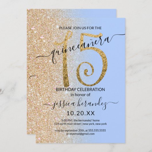 Girly Modern Blauw Goud Glitter Ombre Quinceañera Kaart (Voorkant / Achterkant)