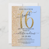 Girly Modern Blauw Goud Glitter Ombre Sweet 16 Kaart (Voorkant)