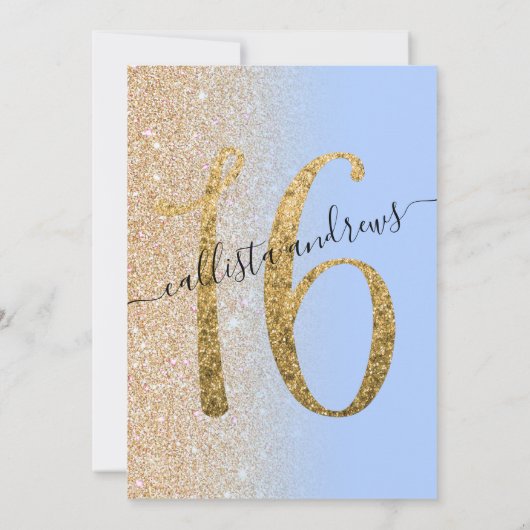 Girly Modern Blauw Goud Glitter Ombre Sweet 16 Kaart (Achterkant)