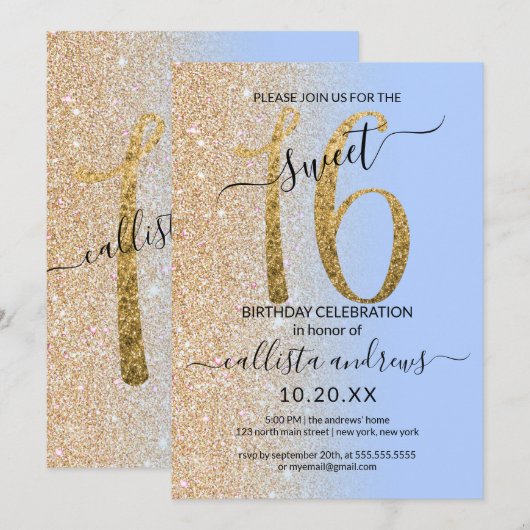 Girly Modern Blauw Goud Glitter Ombre Sweet 16 Kaart (Voorkant / Achterkant)