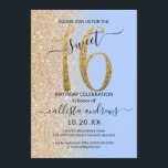 Girly Modern Blauw Goud Glitter Ombre Sweet 16 Kaart<br><div class="desc">Deze girly en chique zoete zestien verjaardagsfeestje uitnodiging is perfect voor de speciale dag van uw jonge tienerdochter. Het beschikt over een faux gedrukte sprankelende gouden glitter groot, "16, " op de top van een eenvoudige pastel sereniteit blauw en faux goud glitter zijwaarts gradient ombre achtergrond. Het is eenvoudig, uniek,...</div>
