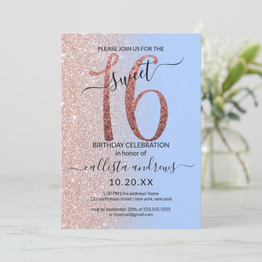 Girly Modern Blauw Roos Goud Glitter Ombre Sweet 1 Kaart (Staand voorkant)