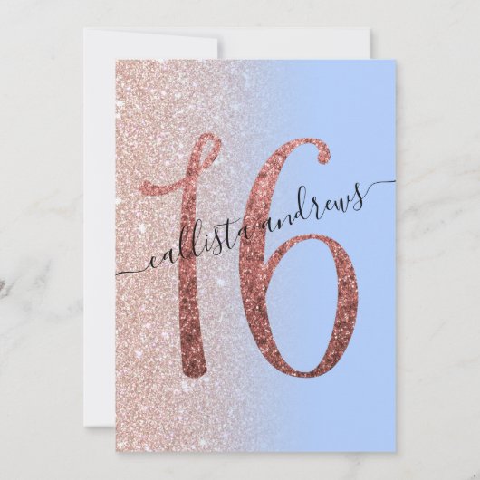 Girly Modern Blauw Roos Goud Glitter Ombre Sweet 1 Kaart (Achterkant)