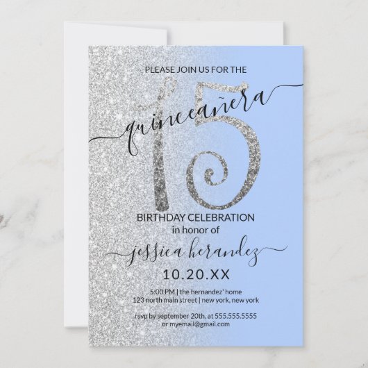 Girly Modern Blauw Zilver Glitter Ombre Quinceañer Kaart (Voorkant)