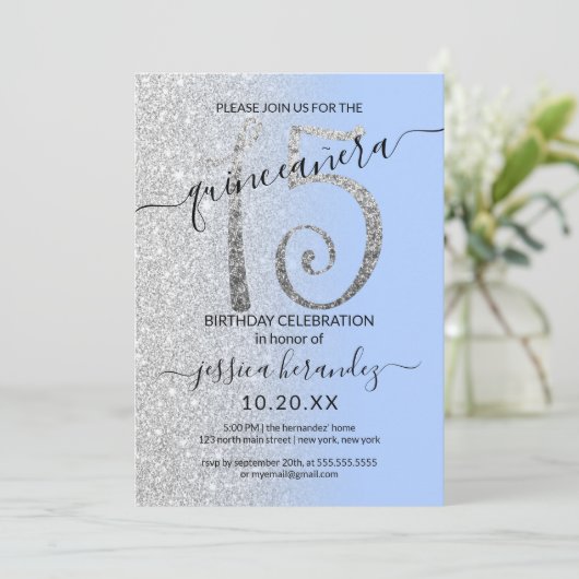 Girly Modern Blauw Zilver Glitter Ombre Quinceañer Kaart (Staand voorkant)