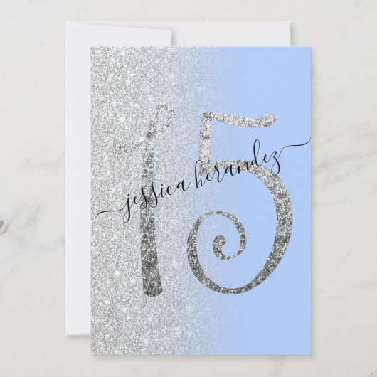 Girly Modern Blauw Zilver Glitter Ombre Quinceañer Kaart (Achterkant)