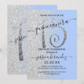 Girly Modern Blauw Zilver Glitter Ombre Quinceañer Kaart (Voorkant / Achterkant)