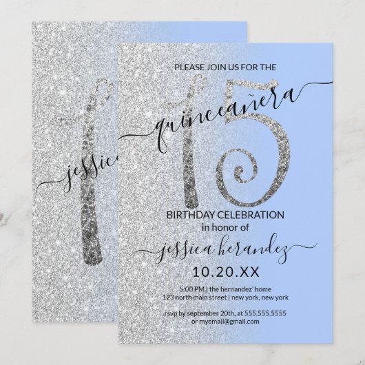 Girly Modern Blauw Zilver Glitter Ombre Quinceañer Kaart (Voorkant / Achterkant)