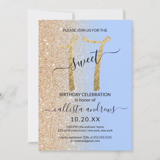 Girly Modern Blue Glitter Ombre Sweet 17 Kaart (Voorkant)