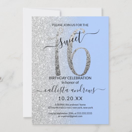 Girly Modern Blue Silver Glitter Ombre Sweet 16 Kaart (Voorkant)