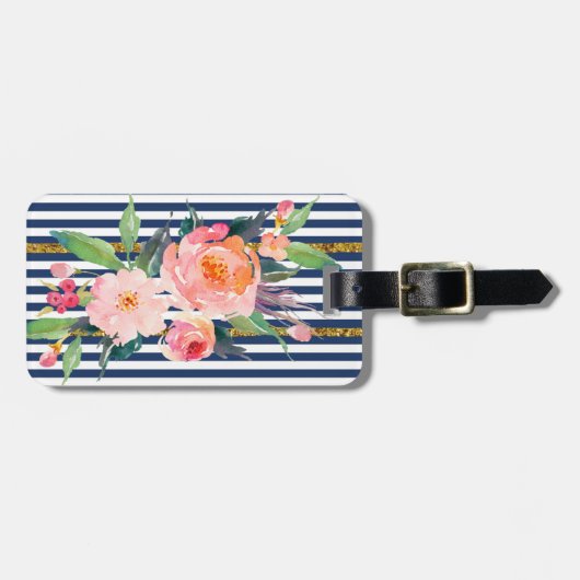 Girly Modern Chic Flowers - Stripes Bagagelabel (Voorkant horizontaal)