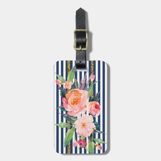 Girly Modern Chic Flowers - Stripes Bagagelabel (Voorkant verticaal)
