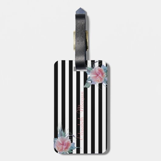 Girly Modern Chic Flowers , Stripes Bagagelabel (Achterkant verticaal)