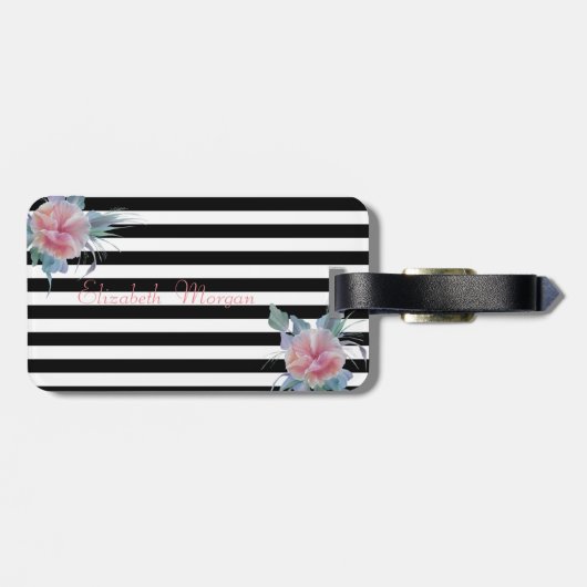 Girly Modern Chic Flowers , Stripes Bagagelabel (Achterkant horizontaal)