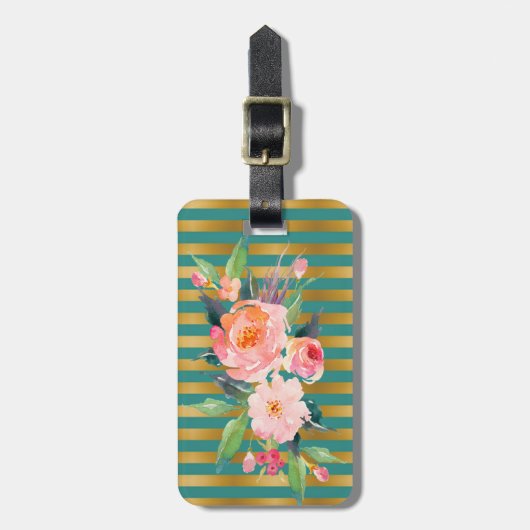Girly Modern Chic Flowers - Stripes Bagagelabel (Voorkant verticaal)