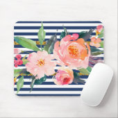 Girly Modern Chic Waterverf Flowers - Stripes Muismat (Met muis)