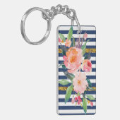 Girly Modern Chic Waterverf Flowers - Stripes Sleutelhanger (Voorkant Links)