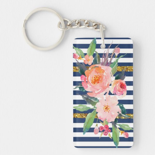 Girly Modern Chic Waterverf Flowers - Stripes Sleutelhanger (Voorkant)