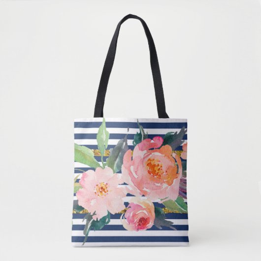 Girly Modern Chic Waterverf Flowers - Stripes Tote Bag (Voorkant)