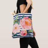 Girly Modern Chic Waterverf Flowers - Stripes Tote Bag (Dichtbij)