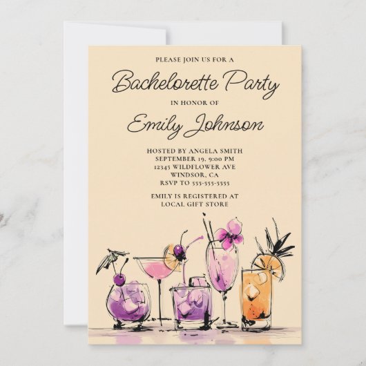 Girly Modern Cocktails Illustration Bachelorette Kaart (Voorkant)