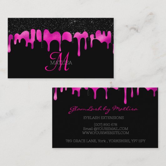Girly Modern Dripping Monogram Glitter Salon Visitekaartje (Voorkant / Achterkant)