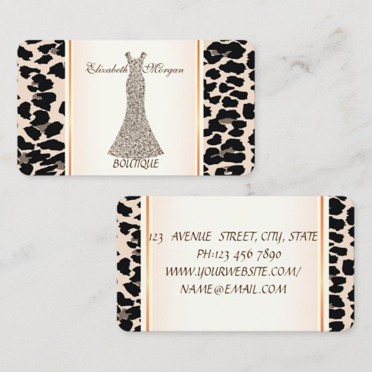 Girly Modern Elegant, Leopard Print, Glitter Dress Visitekaartje (Voorkant / Achterkant)