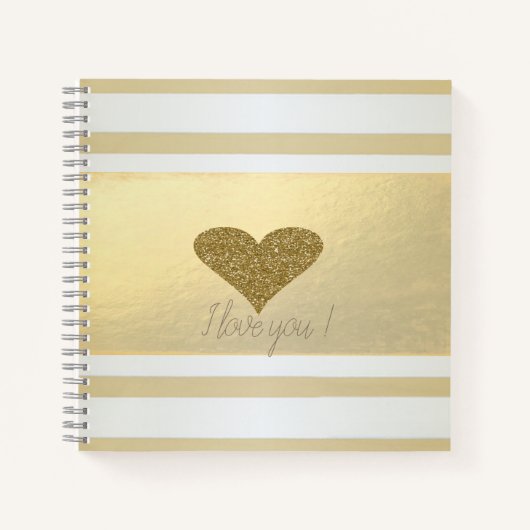 Girly Modern Gold Stripes, Glitter Heart Notitieboek (Voorkant)