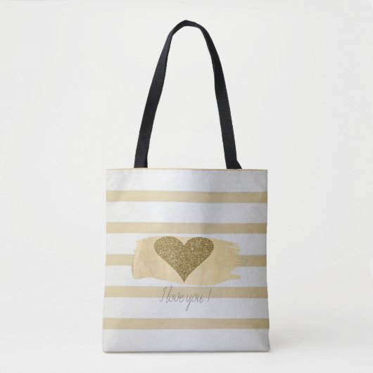 Girly Modern Gold Stripes, Glitter Heart Tote Bag (Voorkant)