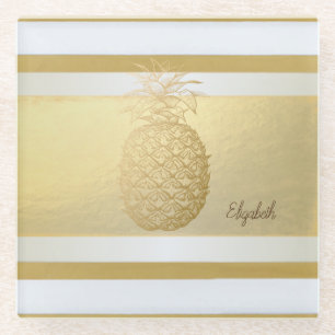 Girly Modern Gold Stripes, Gold Pineapple Glazen Onderzetter