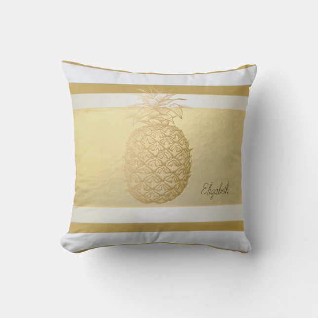 Girly Modern Gold Stripes, Gold Pineapple Kussen (Voorkant)
