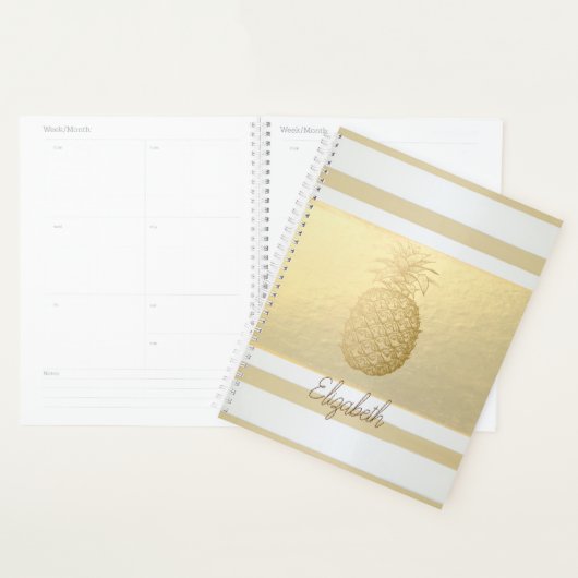 Girly Modern Gold Stripes, Gold Pineapple Planner (Display)