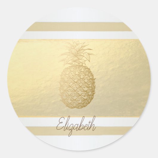 Girly Modern Gold Stripes, Gold Pineapple Ronde Sticker (Voorkant)