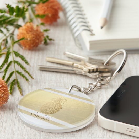 Girly Modern Gold Stripes, Gold Pineapple Sleutelhanger (Voorkant Rechts)