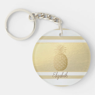 Girly Modern Gold Stripes, Gold Pineapple Sleutelhanger