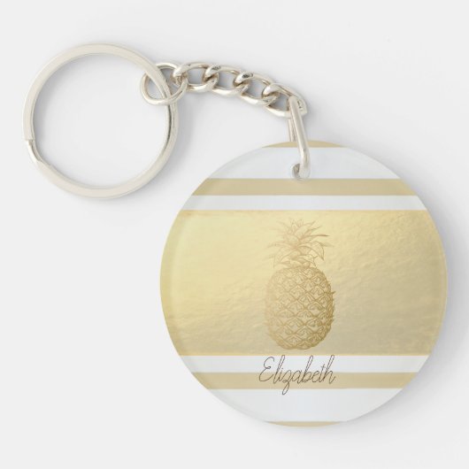 Girly Modern Gold Stripes, Gold Pineapple Sleutelhanger (Voorkant)