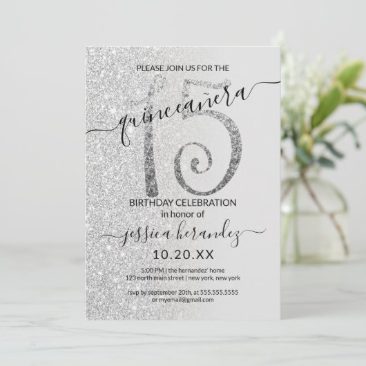 Girly Modern Grijs Zilver Glitter Ombre Quinceañer Kaart (Staand voorkant)