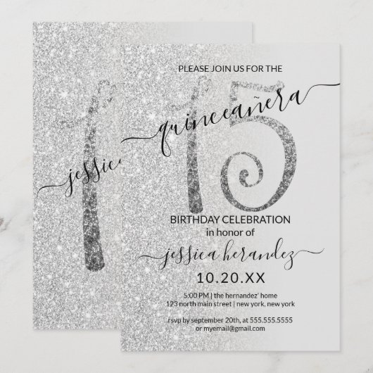 Girly Modern Grijs Zilver Glitter Ombre Quinceañer Kaart (Voorkant / Achterkant)