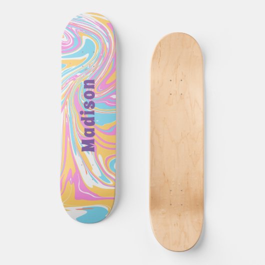 Girly Modern Marble Swirl Paarse Douanenaam Persoonlijk Skateboard (Voorkant)