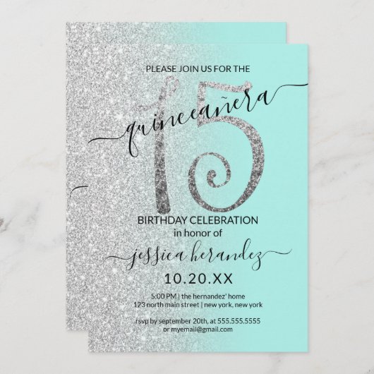 Girly Modern Munt Zilver Glitter Ombre Quinceañera Kaart (Voorkant / Achterkant)