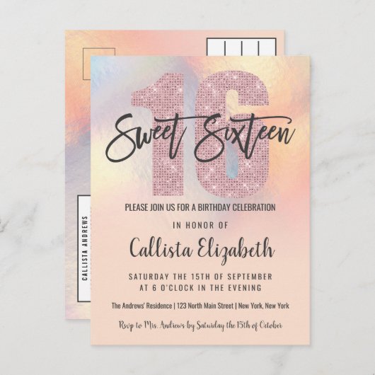 Girly Modern Peach iriserende Folie Ombre Sweet 16 Uitnodiging Briefkaart (Voorkant / Achterkant)