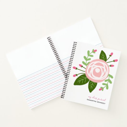Girly Modern Pink Floral Custom Name Sketchbook Notitieboek (Binnen)