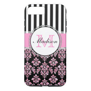Girly Modern Pink Glitter Damask gepersonaliseerd iPhone 8/7 Plus Hoesje