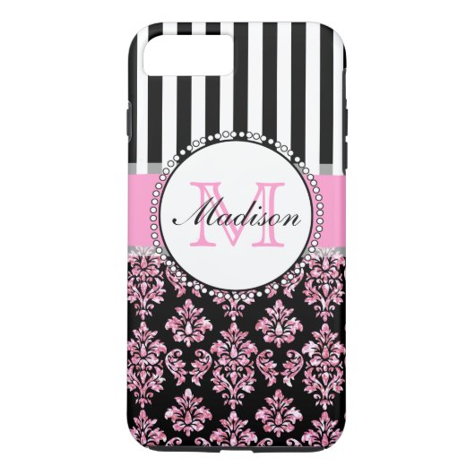 Girly Modern Pink Glitter Damask gepersonaliseerd Case-Mate iPhone Case (Achterkant)