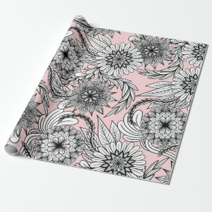 Girly Modern Pink White Floral Tekeningen Cadeaupapier